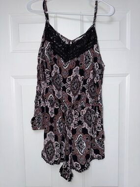 Charlotte Russe Black and Pink Paisley Lace-Trim Romper
